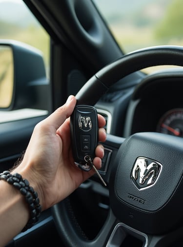 Person holding key fob inside truck