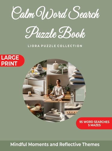 Calm Word Search Puzzle Book cover featuring a serene meditation scene with candles and stones.