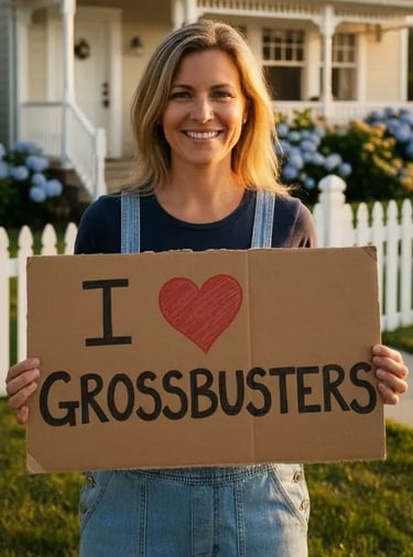 Satisfied customer holding sign that says I love Grossbusters