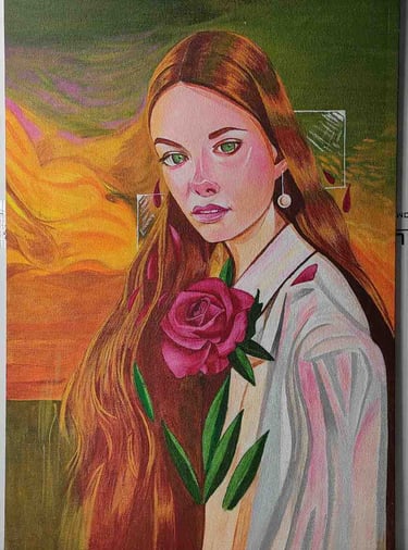"Hand-painted portrait of a woman with green eyes, golden hair, and a red rose-Meant for export"