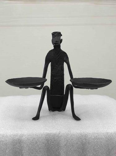 "Handcrafted tribal iron art-seated man holding oil lamps-front view-for international trade"