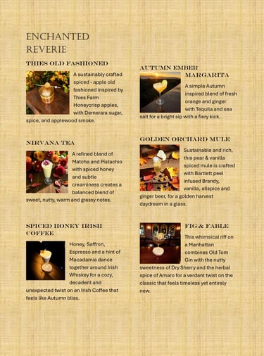 Enchanted Reverie sustainable Fall party menu by Bender Mixology.
