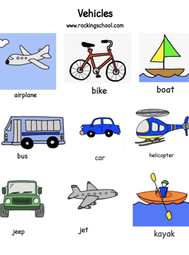 english lesson worksheet vehicles airplane bike boat bus car helicopter jeep jet kayak