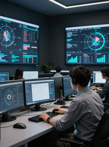 A high-tech control room environment in dark slate tones with subtle cyan glass accents, where Global / Tech Professional data analysts monitor digital visitor telemetry and AI workload analytics on large crisp displays.