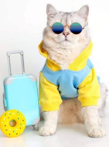 Un gato esponjoso con gafas y una sudadera con capucha, junto a una maleta de juguete y una dona