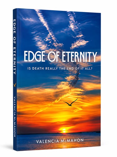 Edge of Eternity book cover featuring a sunset sky with a bird and philosophical tagline by Valencia McMahon.