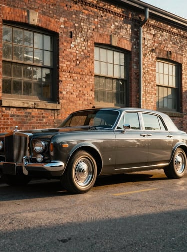 A dark charcoal vintage luxury cruiser car parked outside a restored industrial brick factory during golden hour, long shadows casting over the pavement, showcasing Detroit horsepower heritage, North American / Detroit US.