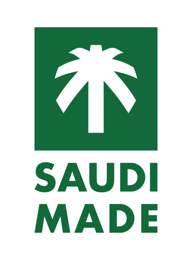 Saudi Made logo featuring a white palm tree in a green square with bold text.