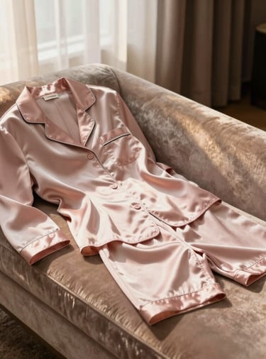 A professional editorial fashion photograph of premium satin loungewear in a soft pastel pink color. The garment is gently arranged on a velvet chaise lounge in a sophisticated, dimly-lit room. Golden hour sunlight filters through sheer curtains, evoking high-end comfort and intimacy. Global / Western style.