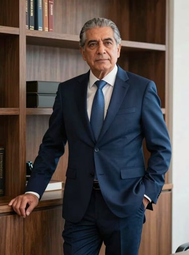 A senior Mexican / Latin American legal consultant in a tailored navy suit standing beside a modern wood-paneled bookcase in an executive office in Monterrey, dignified posture, natural lighting, dark blue color palette.