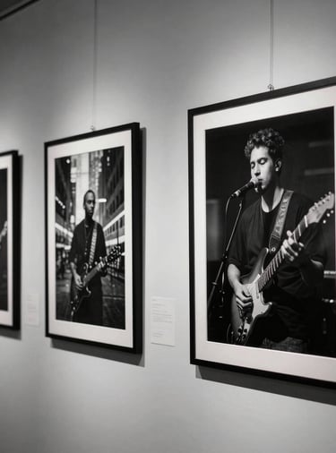 A striking black and white photography exhibition hosted in a Global / Cosmopolitan Urban art space. Moody spotlights glow on high-contrast framed prints of urban musicians, highlighted by a subtle warm copper accent glow.