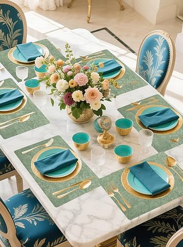 Blue and gold patterned table setting with matching placemats and plates, elegant dining décor.