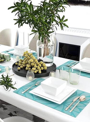 Set of beaded hand-crafted charger mats in warm neutral tones, luxury table setting accents.