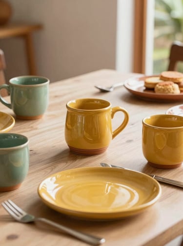A serene South American / Brazilian breakfast table scene with handcrafted ceramic mugs and plates in vibrant warm mustard yellow, sage green, and terracotta colors, surrounded by cozy home decor and natural daylight.