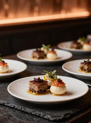 An intimate close-up photography shot of beautifully plated gourmet culinary dishes on a dark slate counter in a upscale North American / Canadian restaurant, bathed in warm copper overhead light.