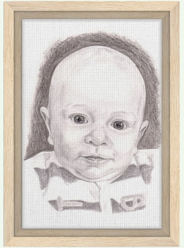 portrait de bébé au crayon graphite imprimé sur toile encadrée bois FSC