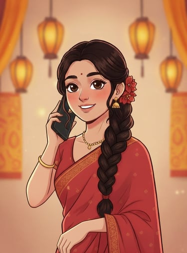 Beautiful South Asian woman in red saree and gold jewelry talking on smartphone; festive Indian fest