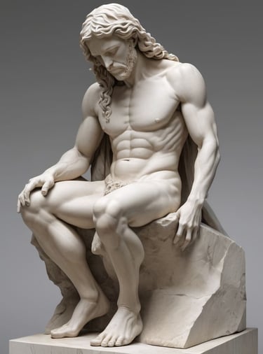 Escultura em mármore de uma figura humana, exemplificando o detalhamento tridimensional característi