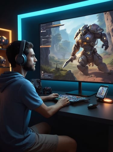 Jogador em frente a uma tela interativa com gráficos de um jogo digital, representando a imersão 