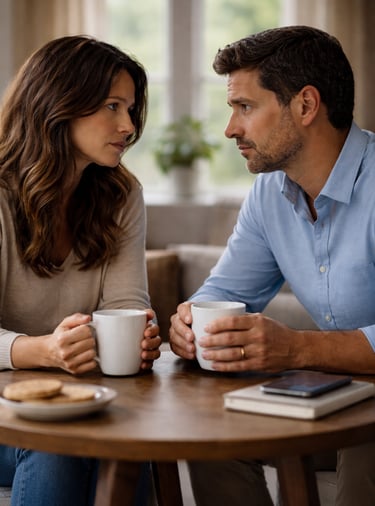 Mujer ejecutiva latina junto a su pareja tras haber sido despedida, reflejando preocupación.