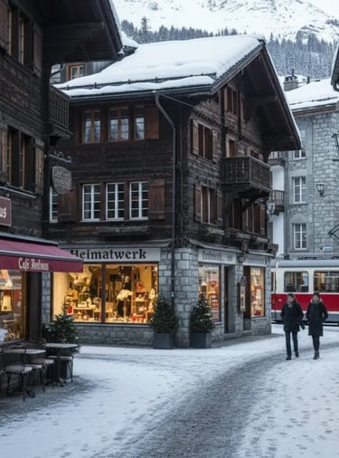 A snowy street scene in the town of Davos with traditional Swiss buildings lining the road and stree