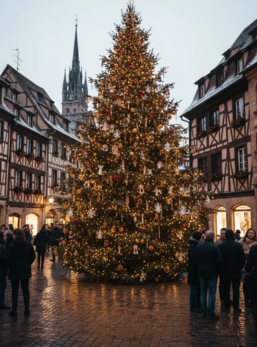 Giant illuminated Christmas tree in Colmar’s old town square surrounded by medieval timber-frame bui