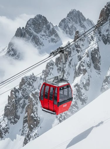 A view from inside a gondola cabin ascending a snowy mountain slope, with a wide vista of the surrou