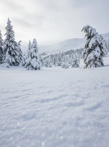 A wide panoramic landscape photo showing the vast, snow-covered mountainside and a view from the pea