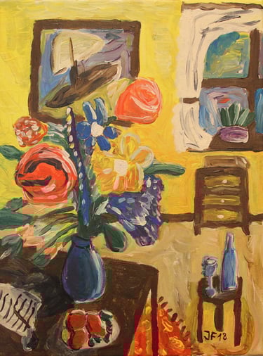 a still life painting of a vase with flowers and the room's interior