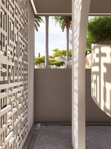 Contemporary balcony with geometric screen, UAE