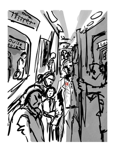 A family travels by metro to Brussels-Louise station. Experimental, digital pen-watercolor print