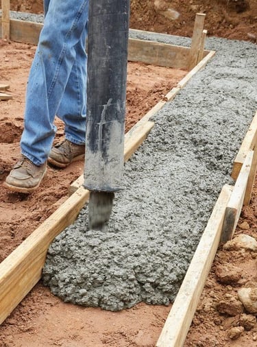 Coulage de béton dans coffrage bois pour fondations extérieures