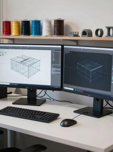 An industrial design studio in Southern Europe, featuring a clean white desk with high-end CAD software open on a dual-monitor setup displaying a 3D structural mesh of a product. In the background, a neat rack of multicolored premium filament spools and small gray polymer structural parts are displayed elegantly. Soft natural side lighting with crisp electric blue subtle reflections.