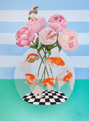 Surreal painting of orange goldfish in a round vase with pink peonies and a zebra finch bird.