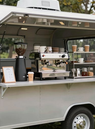 A rustic coffee trailer surrounded by pine trees with soft glowing lanterns and a campfire nearby.