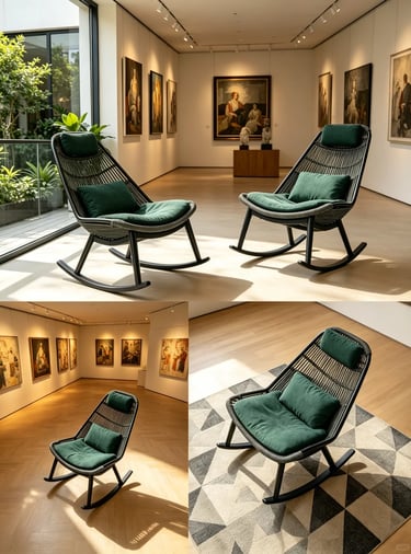 Outdoor rocking chair with green cushions in a garden and indoor-outdoor living space, showing relax