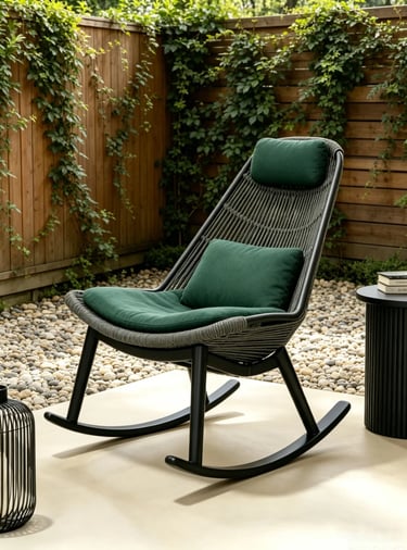 Outdoor rocking chair with green cushions in a garden and indoor-outdoor living space, showing relax