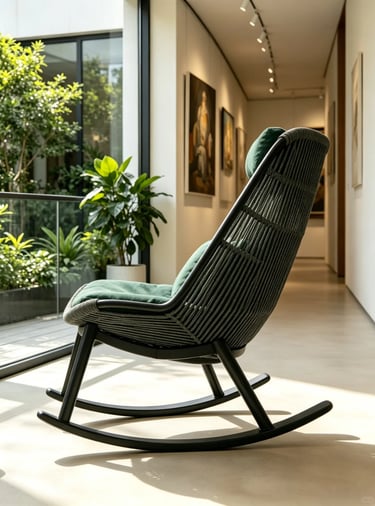 Outdoor rocking chair with green cushions in a garden and indoor-outdoor living space, showing relax