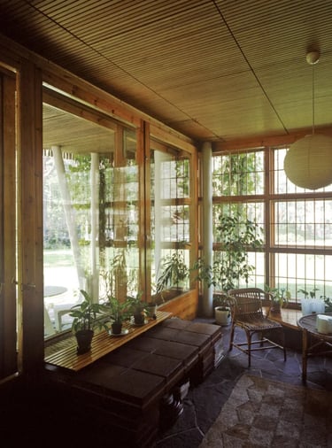 Sunlit Nordic interior with wood ceiling, large windows and plants connecting home with nature