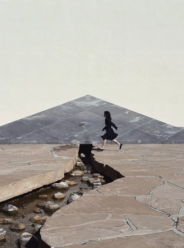 Noguchi Garden stone courtyard with water channel and distant figure, showing sculptural landscape d