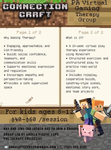 Flyer for Connection Craft, a 10-week virtual Minecraft therapy group for kids in PA