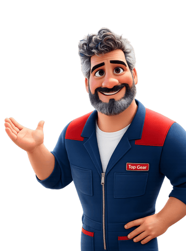 Personagem de um mecânico sorridente como se estivesse apresentando os serviços da oficina.