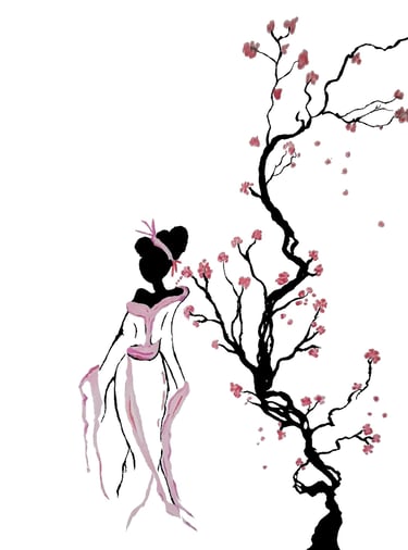 Dama japonesa junto a un cerezo. Ilustración hecha por Óscar Ocaña Parrón para sus poemarios