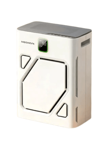 Meowant pet air purifier with dual intake and H13 HEPA filter for cat hair and dander.