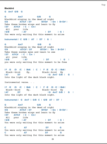 Chords and lyrics to the song Blackbird, by The Beatles 
