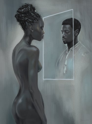 a woman standing in front of a mirror