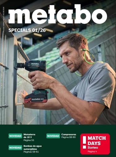 Portada del catálogo Metabo 2026 con ofertas especiales y novedades en herramientas a batería, motos