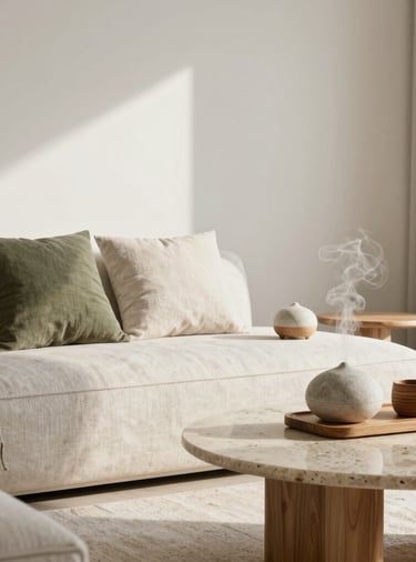 An editorial photo of a tranquil Japandi living room interior. Soft morning sunlight illuminates linen cushions, a minimal stone diffuser emitting fine mist, and an artisan wooden coffee set on a travertine table. International / Japandi Luxury style with generous white space and muted olive and ivory tones.