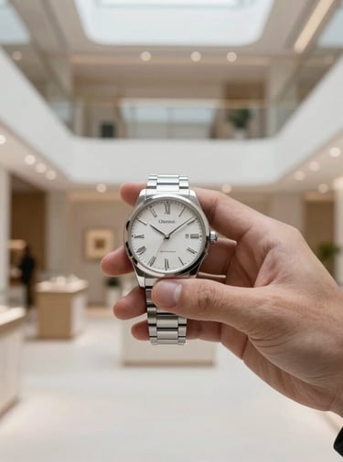 A minimalist, premium photograph focusing on a hand holding an ultra-luxury modern watch, set in a bright, high-end architectural showroom. The atmosphere is exclusive, clean, and sophisticated, reflecting a quiet luxury lifestyle for a Global / International High-Net-Worth individual.