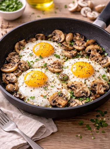 Huevos con champiñones salteados cocinados con aceite de oliva, desayuno saludable alto en proteína.